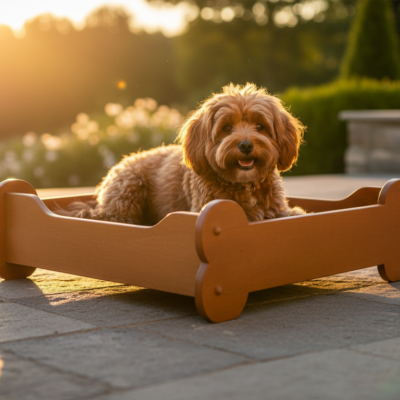 Caminha Pet formato ossinhos em madeira maciça (Eucalipto) com colchão azul liso