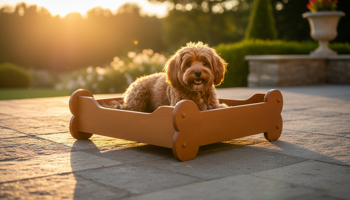 Caminha Pet formato ossinhos em madeira maciça (Eucalipto) com colchão azul liso