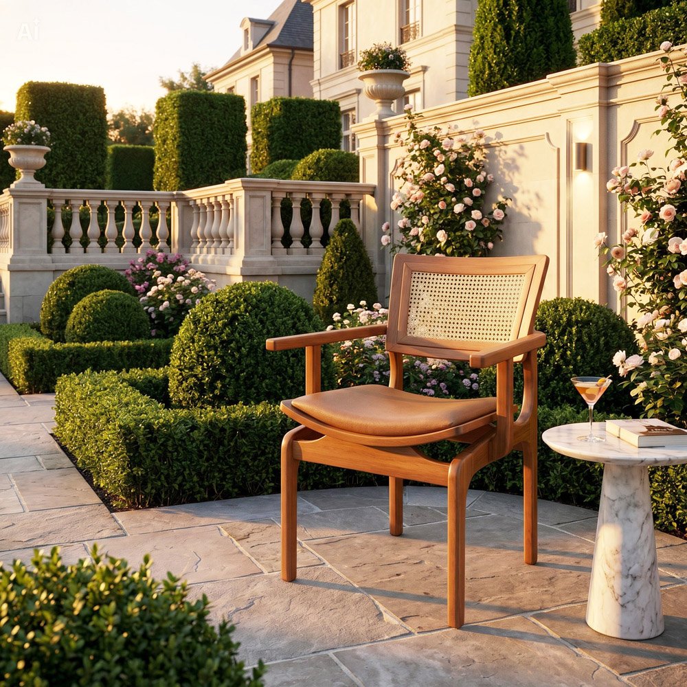 foto de de cadeira em madeira maçiça com design leve da Nono Luigi Móveis de SC - Brasil - cadeira Vicent com braços em jardim externo